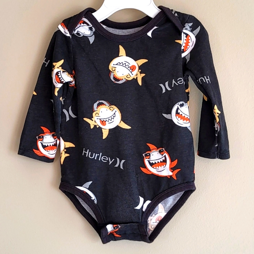 Hurley shark print long sleeve onesie/bodysuit